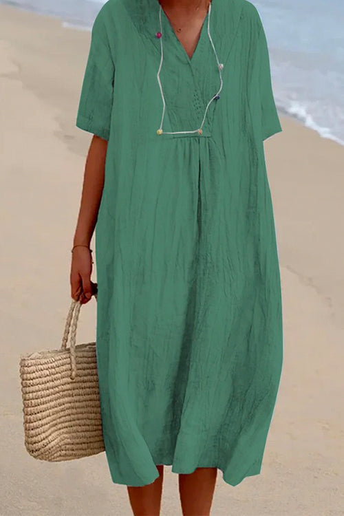 V Neck Short Sleeve Baggy Cotton Linen Midi Dress Green