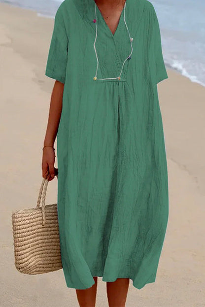V Neck Short Sleeve Baggy Cotton Linen Midi Dress Green