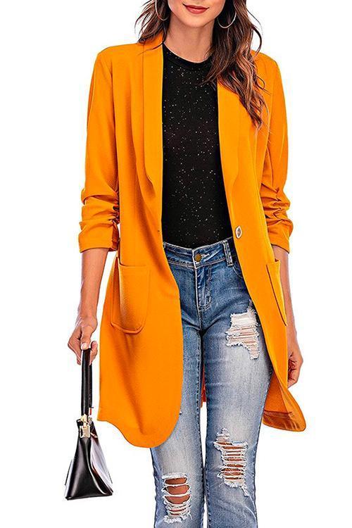 Rosiedress 3/4 Sleeve Ruched One Button Midi Cardigan Orange