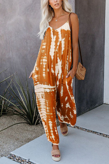 Scoop Neck Pocketed Tie Dye Wide Leg Cami Jumpsuit Orange