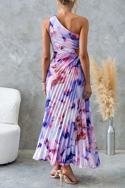 Chicest One Shoulder Cut Out Pleated Floral Print Maxi Dress