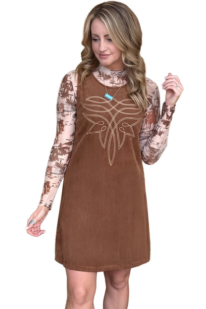 Coffee Geometric Embroidery Sleeveless Corduroy Shift Dress