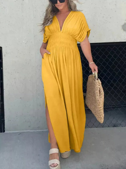 Full Size Slit V-Neck Smocked Waist Maxi Dress Plus Size