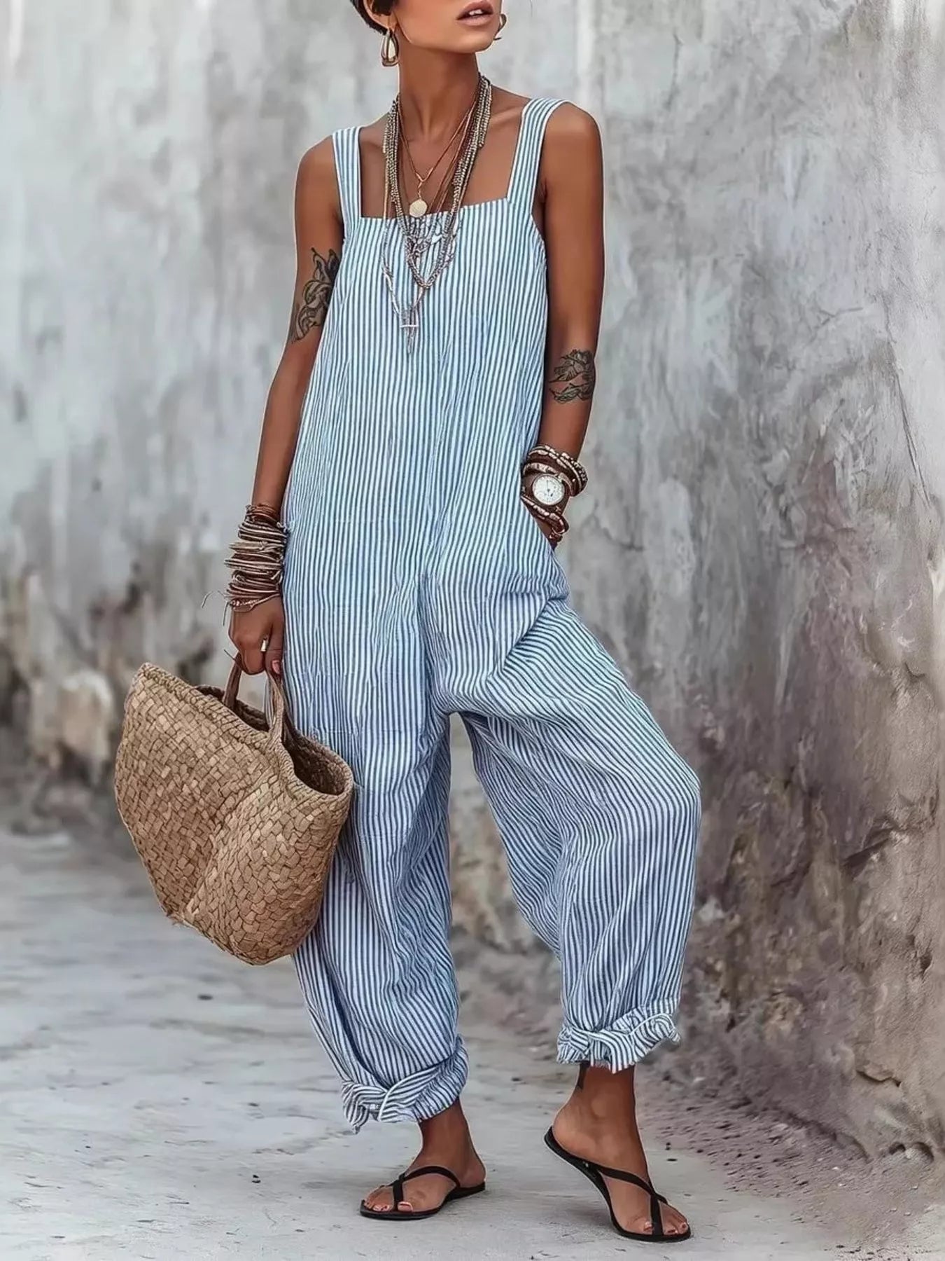 Full Size Striped Square Neck Wide Leg Jumpsuit Plus Size