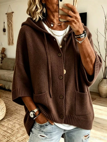 Full Size Casual Hooded Button-Down Knit Cardigan with Pockets Plus Size