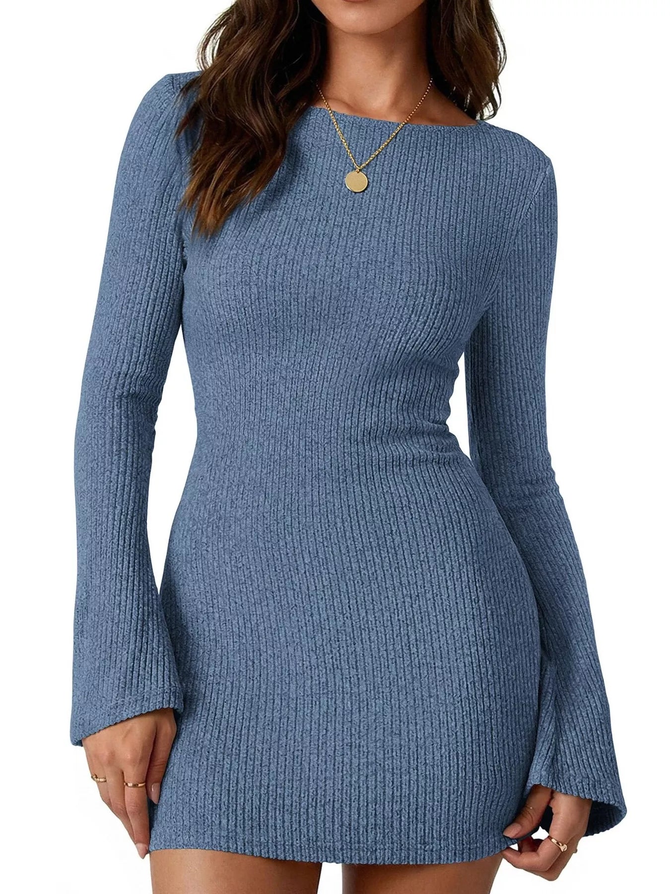 Ribbed Knit Long Sleeve Slim Fit Sweater Dress