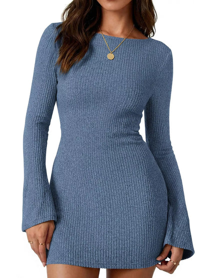 Ribbed Knit Long Sleeve Slim Fit Sweater Dress