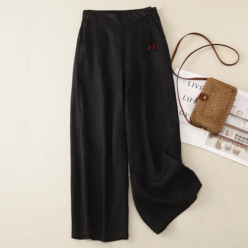 Elastic waist cotton linen cropped pants