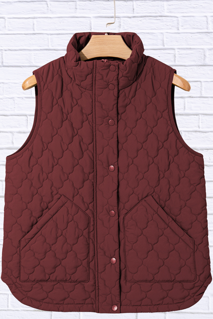 Burgundy Quilted Snap Down Zip Up Vest Coat – Women’s Lightweight Warm Outerwear for Fall & Winter