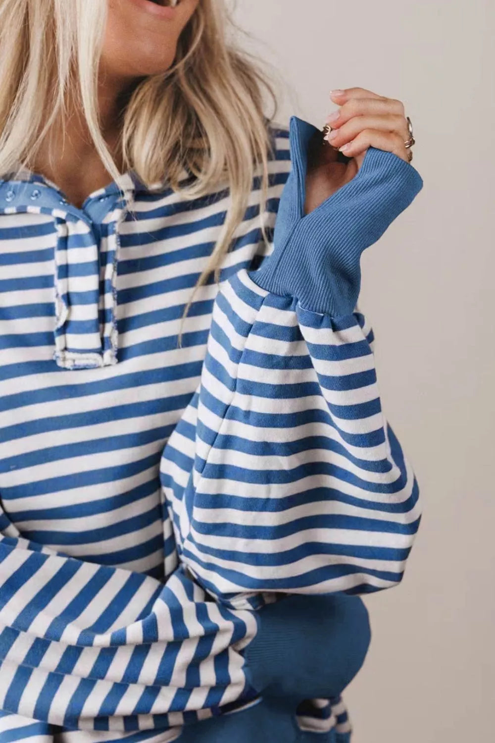 Stripe Color Block Trim Raw Seam Split Hem Loose Sweatshirt