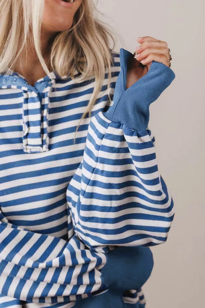 Stripe Color Block Trim Raw Seam Split Hem Loose Sweatshirt