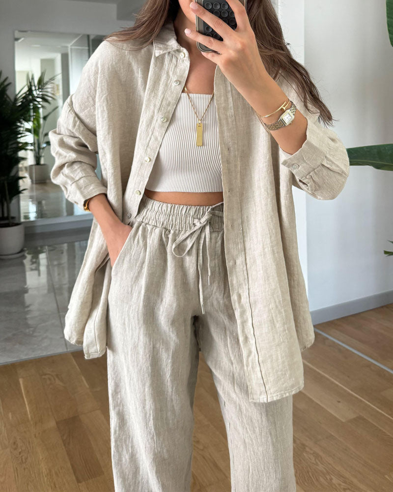 Casual Cotton Linen Shirt & Cropped Pants Two-Piece Set