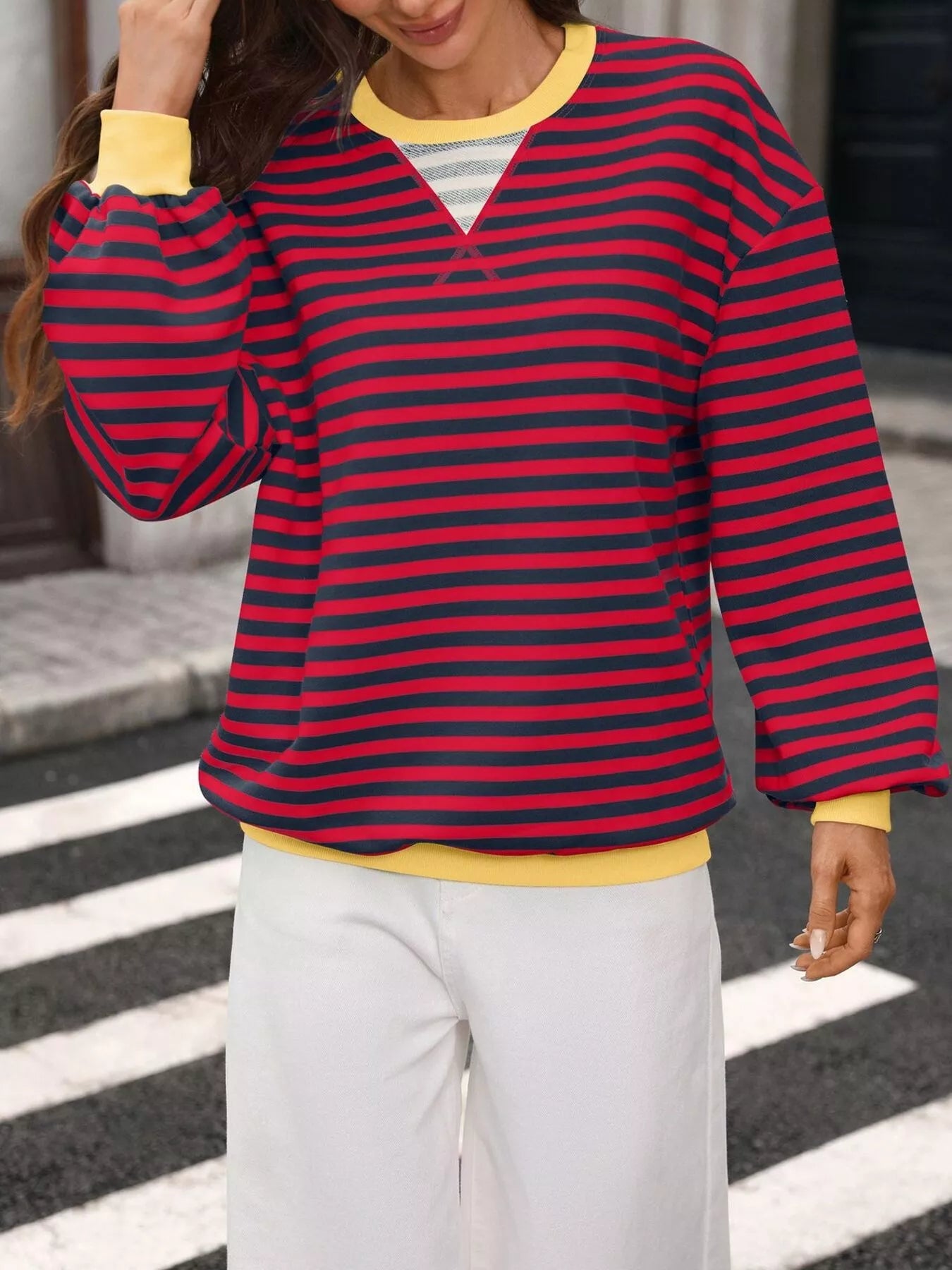 Contrast Trim Striped Crew Neck Sweatshirt