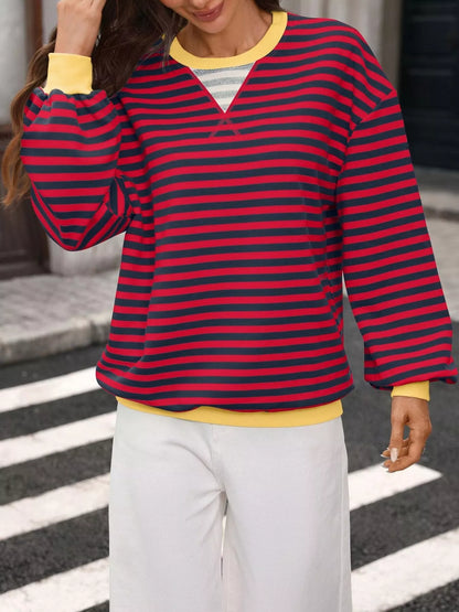 Contrast Trim Striped Crew Neck Sweatshirt