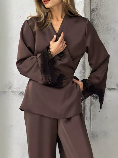 Lace Trim Wrap Top and Pants Set