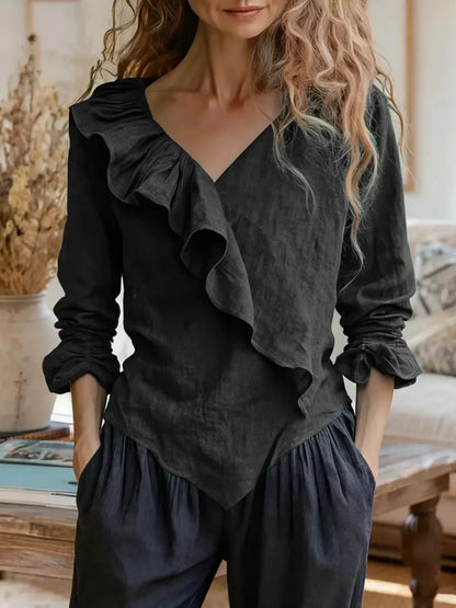 V-Neck Ruffled Long Sleeve Blouse