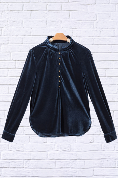 Frill Half Button Mock Neck Long Sleeve Blouse