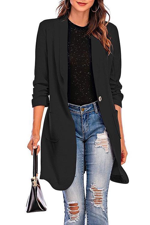 Rosiedress 3/4 Sleeve Ruched One Button Midi Cardigan Black