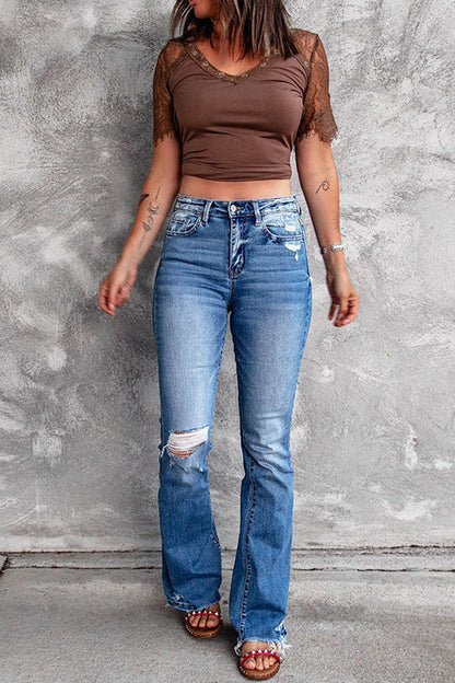 Distressed Bell Bottoms Ripped Jeans LightBlue
