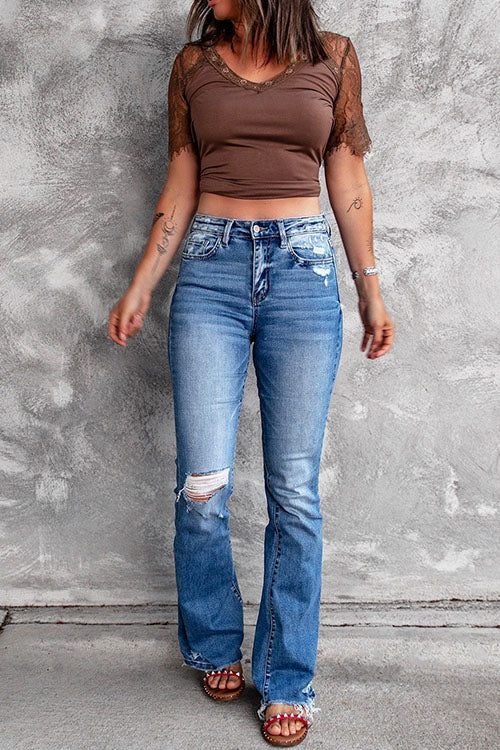 Rosiedress Distressed Bell Bottoms Ripped Jeans LightBlue