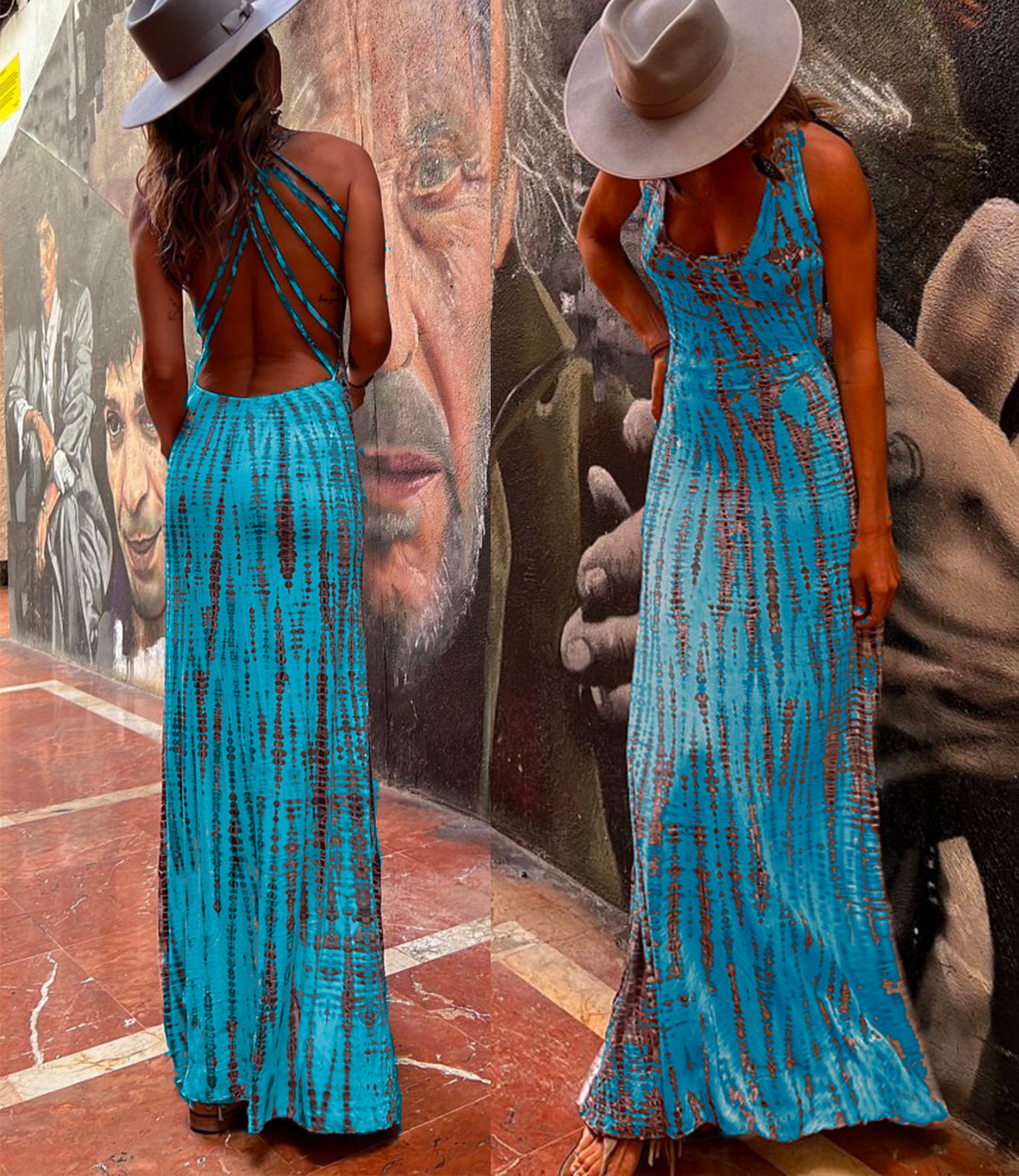 Rosiedress Criss Cross Open Back Tie Dye Maxi Dress Blue