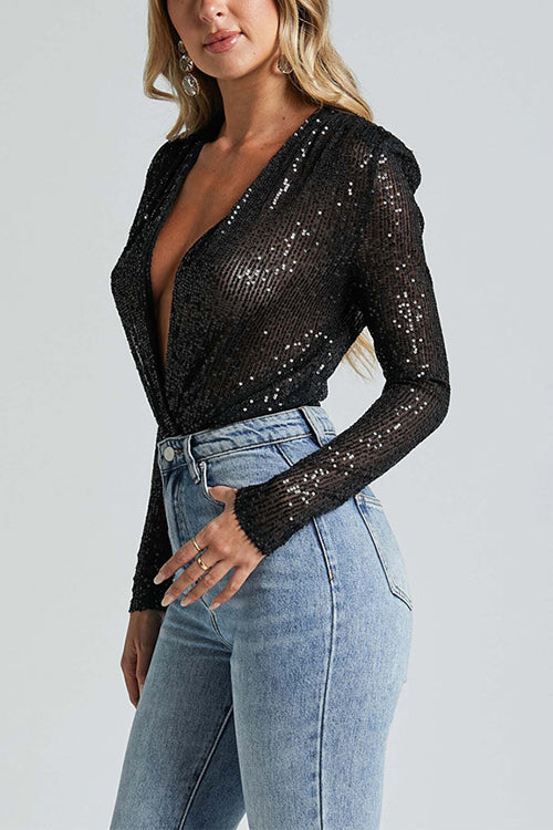 Rosiedress Wrap Deep V Neck Long Sleeves Sequin Bodysuit