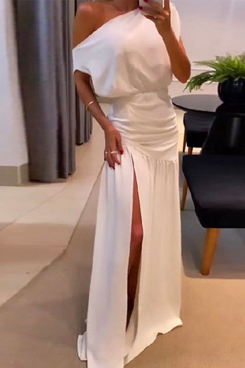 Cold Shoulder Waisted High Slit Maxi Party Dress White