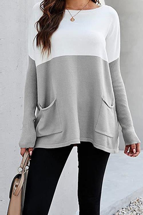 Color Block Knit Pullovers With Pockets LightGray