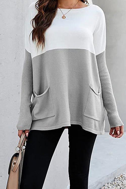 Rosiedress Color Block Knit Pullovers With Pockets LightGray