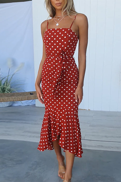 Vintage Tie Waist Polka Dot Midi Mermaid Cami Dress Red