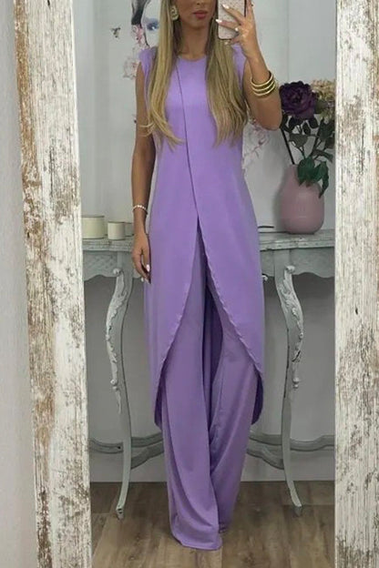 Chic Tulip Hem Sleeveless Long Top Wide Leg Pants Set LightPurple