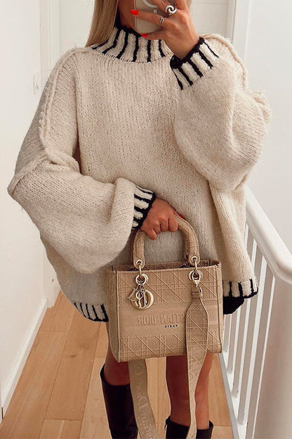 Turtleneck Drop Shoulder Color Block Pullover Sweater White