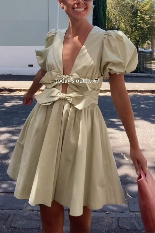 Rosiedress Deep V Neck Puff Sleeves Bow Knot Swing Dress Sage