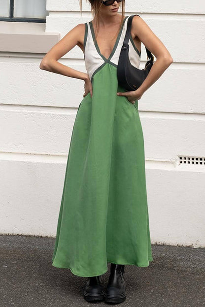 Rosiedress V Neck Color Block Sleeveless Maxi Swing Dress Green