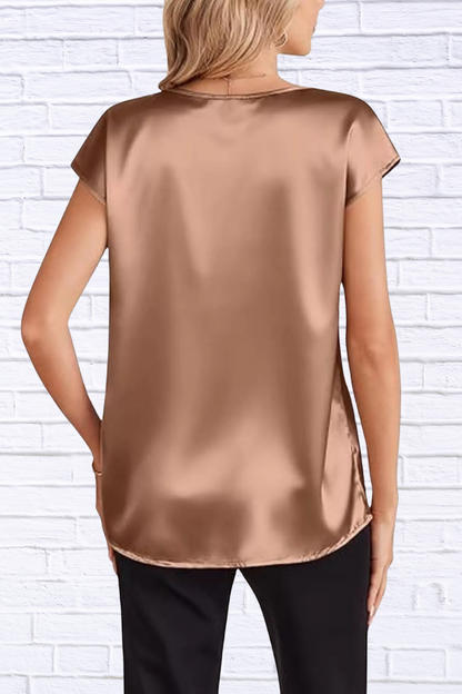 Satin V-Neck Short Sleeve Blouse
