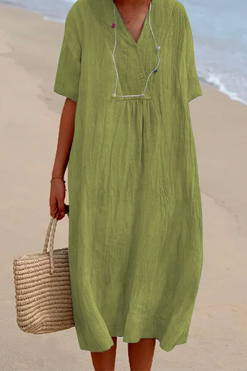 V Neck Short Sleeve Baggy Cotton Linen Midi Dress LightGreen