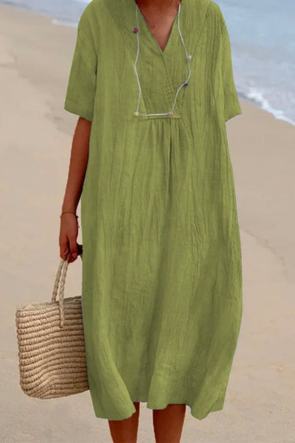 V Neck Short Sleeve Baggy Cotton Linen Midi Dress LightGreen