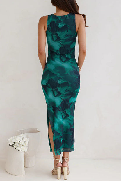 Sleeveless Side Slit Printed Bodycon Midi Dress