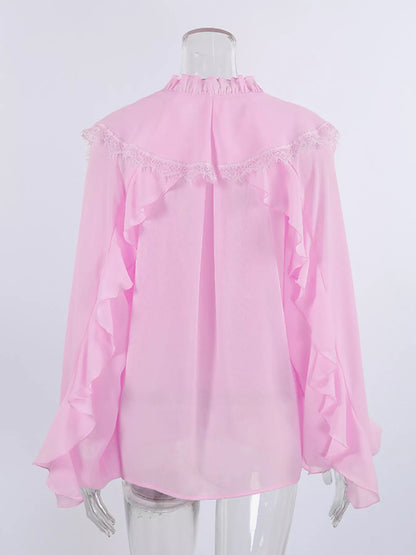 V-Neck Ruffled Lace Trim Blouse