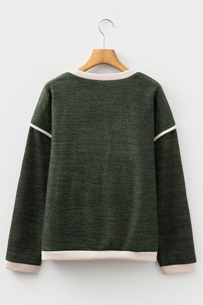 Four Leaf Clover Mallard Duck Graphic Contrast Trim Patchwork Casual Knit Top