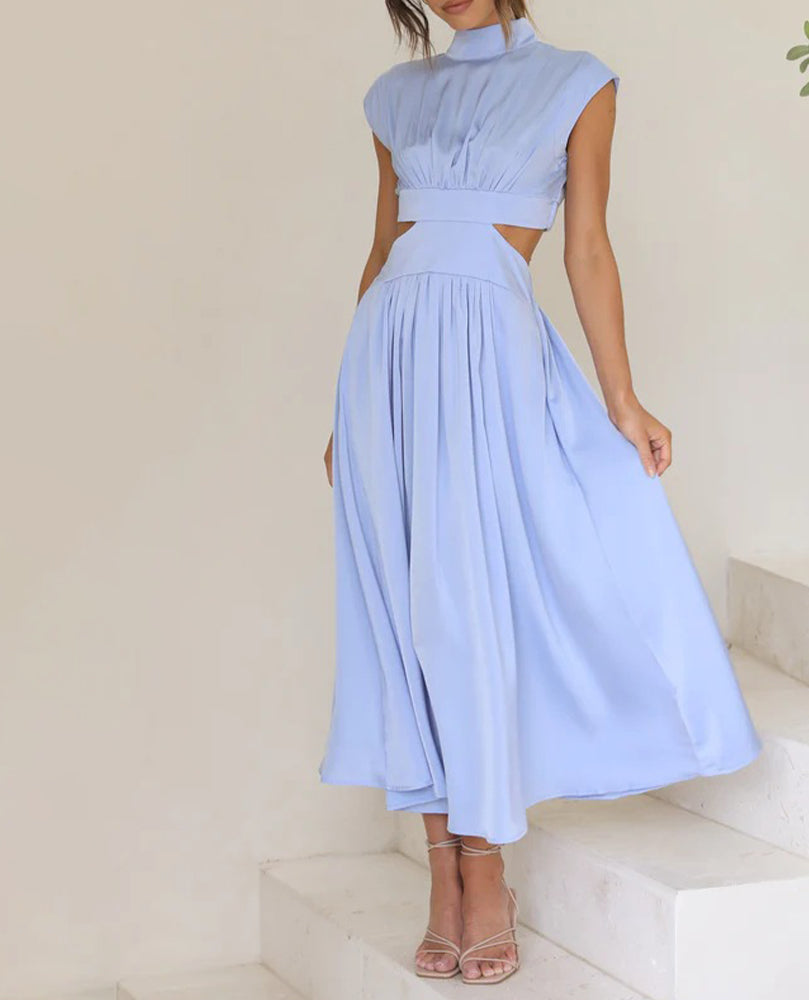 Chic Stand Collar Solid Color Sexy Waist Midi Dress