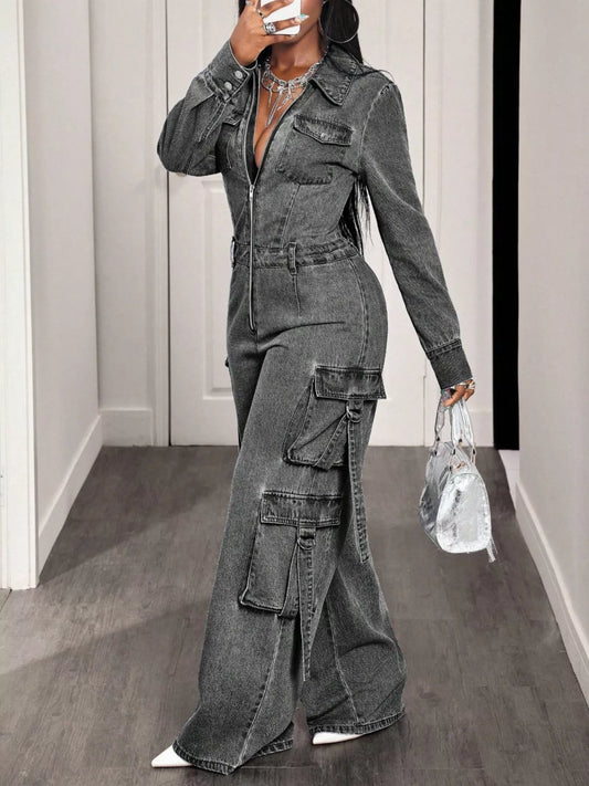 Zip Front Wide Leg Cargo Denim Jumpsuit