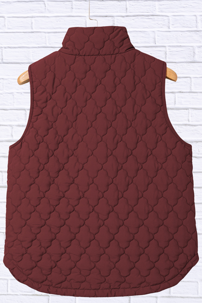 Burgundy Quilted Snap Down Zip Up Vest Coat – Women’s Lightweight Warm Outerwear for Fall & Winter