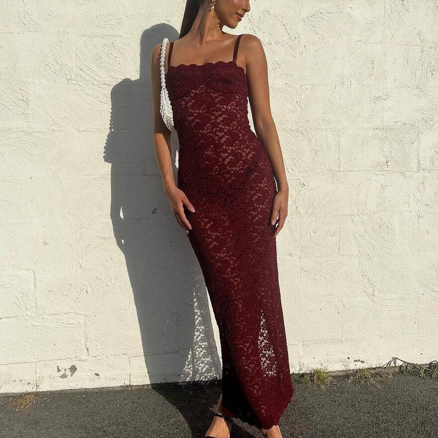 Wine Red Sexy Lace Maxi Dress