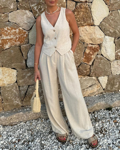 Casual Cotton And Linen Vest & Pants Two-piece Set