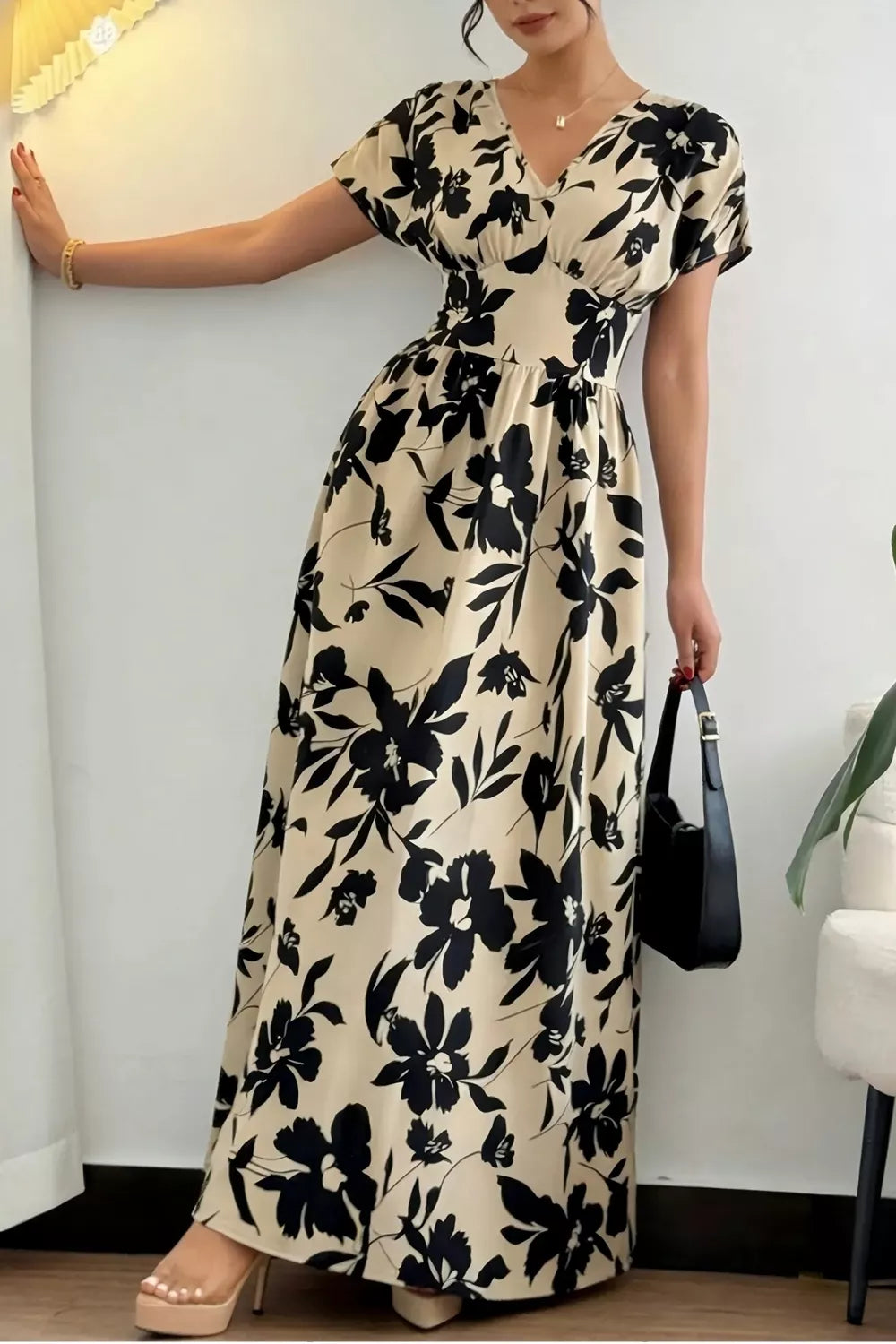 Floral Print Short Sleeve A-Line Maxi Dress
