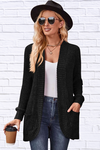Ribbed Open Front Long Cardigan with Pockets