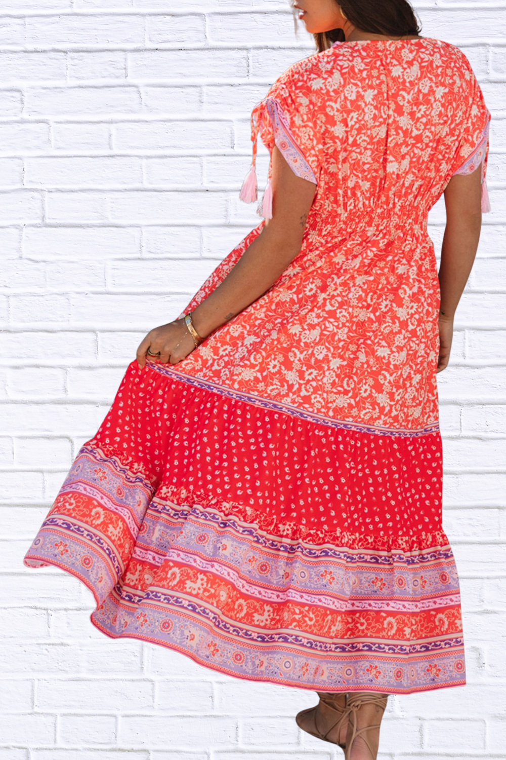 Floral Print Tasseled Tied Sleeve Empire Waist Dress