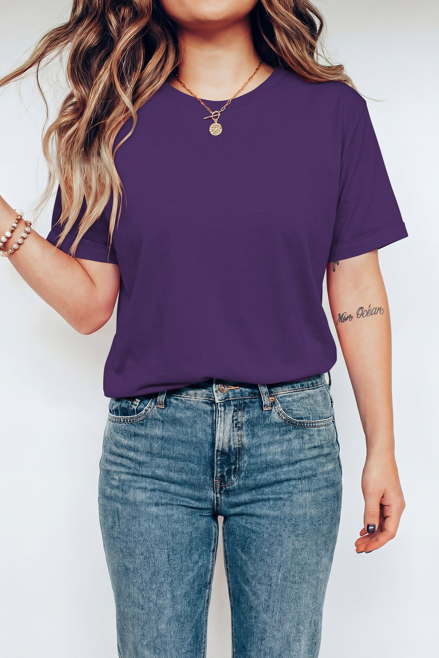 Tillandsia Purple Casual Plain Crew Neck Tee