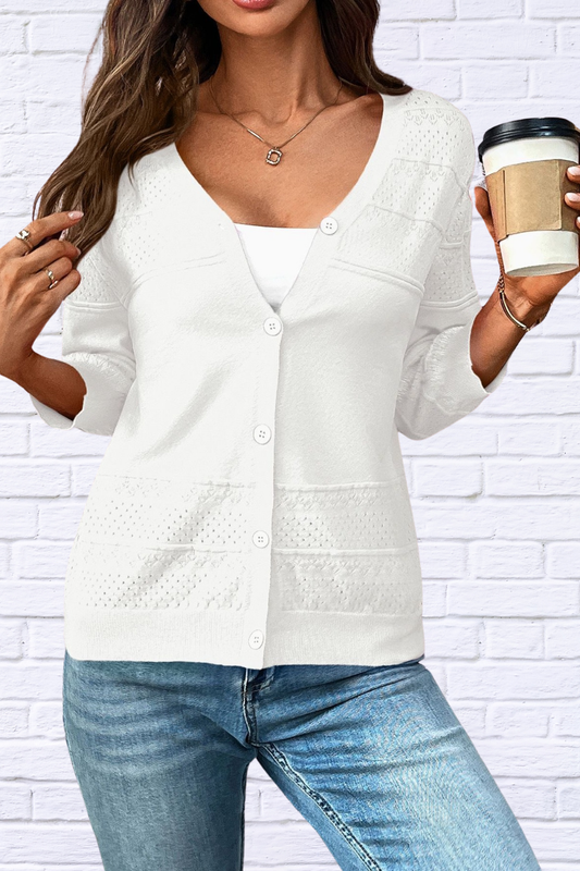 Textured Button-Front Cardigan with 3/4 Sleeves